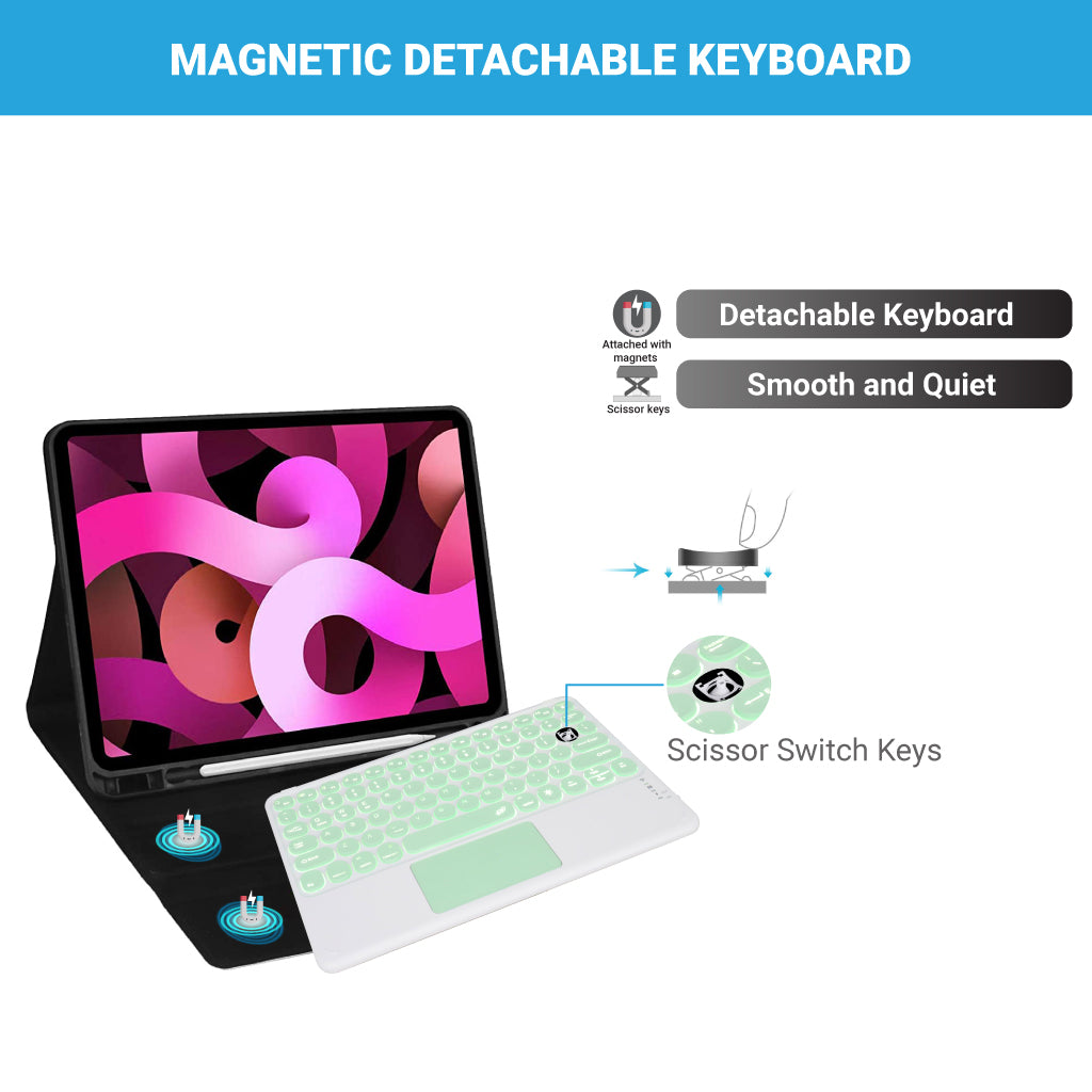 Mint green TECPHILE 250D Wireless Keyboard shown magnetically detachable from tablet case with scissor keys.