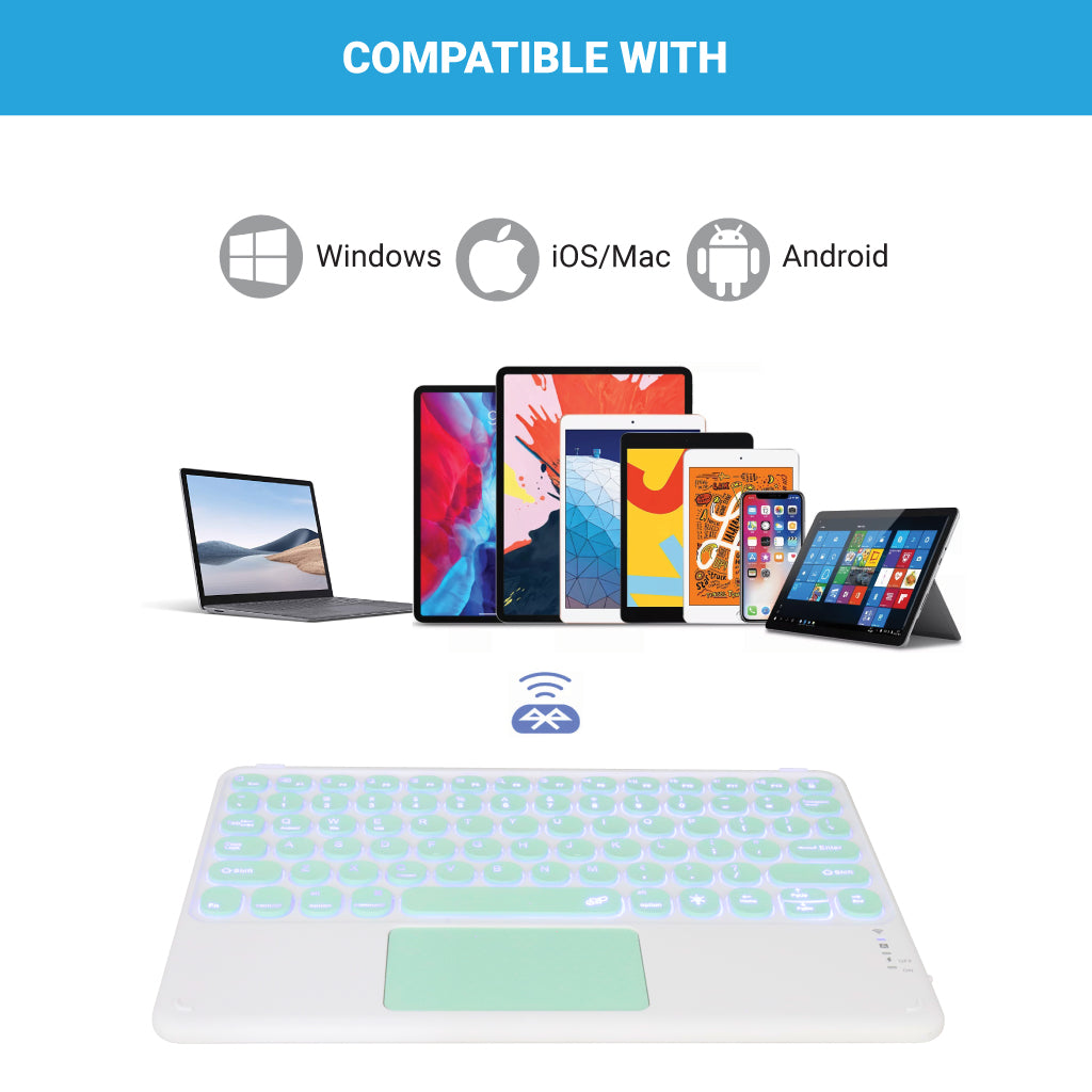Mint green TECPHILE 250D Wireless Keyboard shown with compatibility icons for Windows, Mac, and Android.