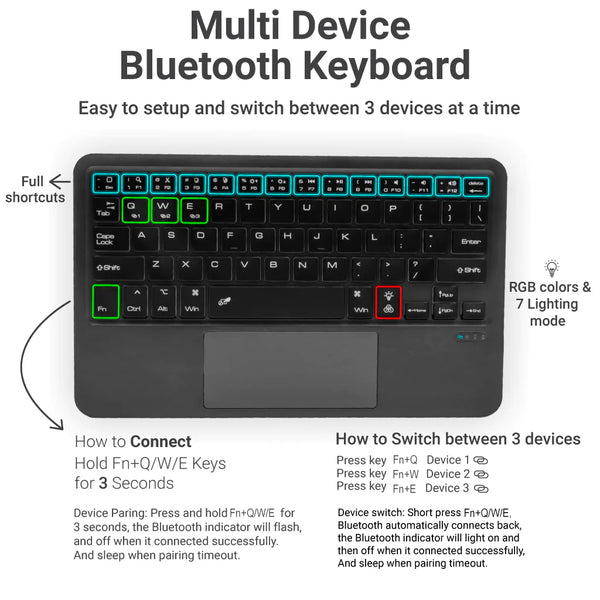 B102D Bluetooth Wireless Keyboard with Multi-Touch Trackpad, 7 Color Backlit - 3