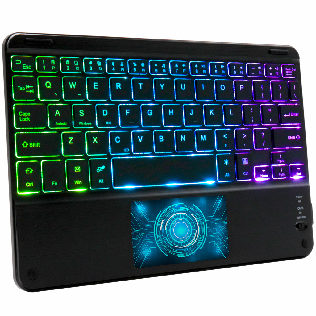 TECPHILE HB119D Bluetooth Wireless Keyboard with RGB backlit keys and multi-touch trackpad, ideal for Bluetooth-enabled devices.