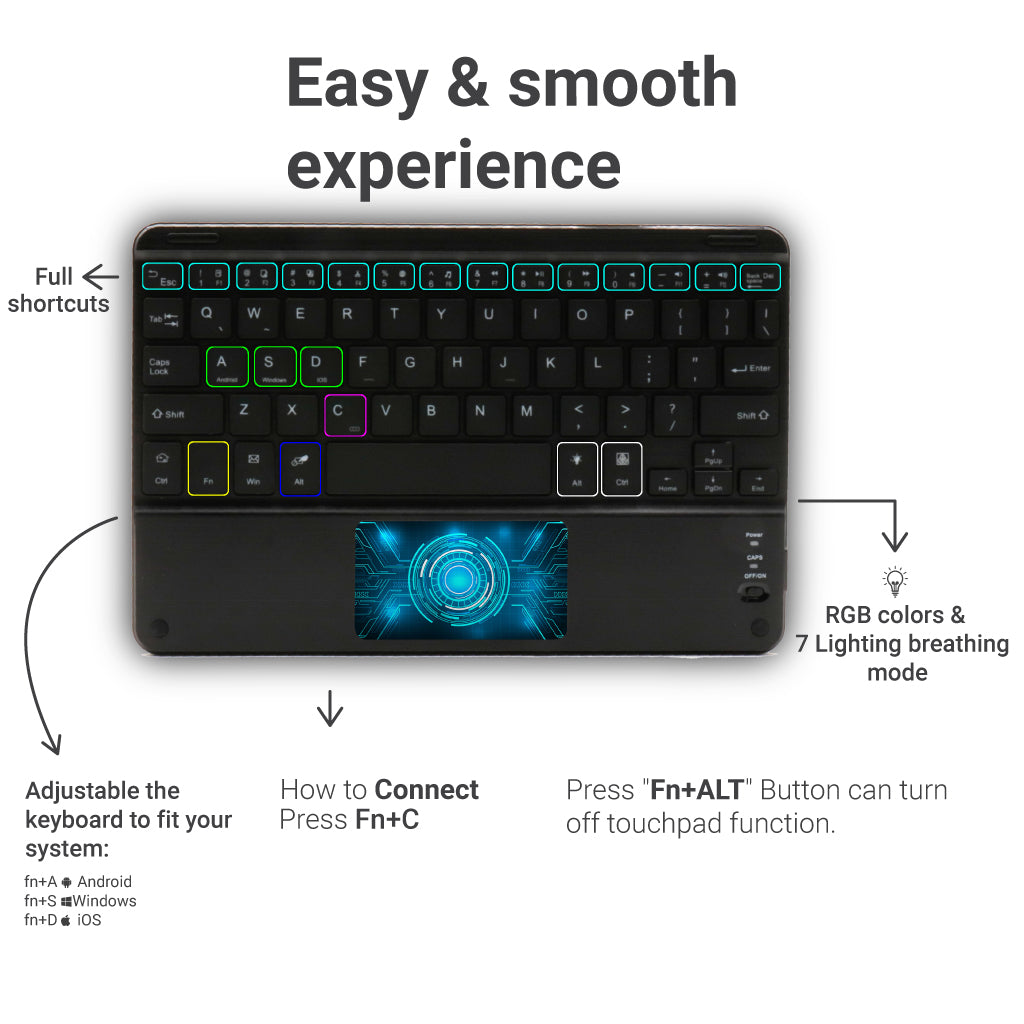 TECPHILE HB119D Bluetooth Wireless Keyboard offers full shortcuts, RGB lighting, and multi-device compatibility for smooth typing.