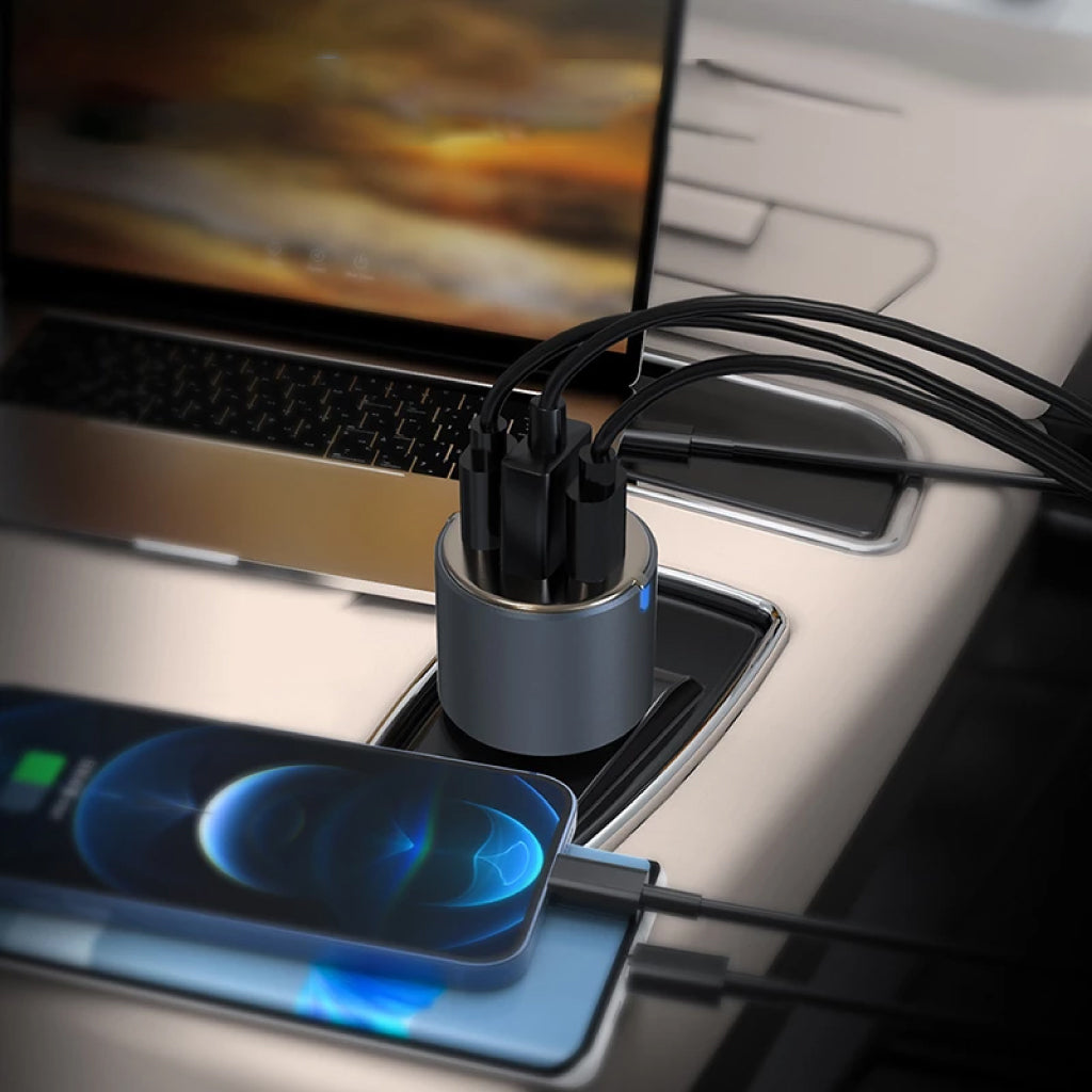 URVNS - C39 66W Mini Car Charger powering multiple devices in a car, showcasing fast charging for phones and laptops simultaneously.