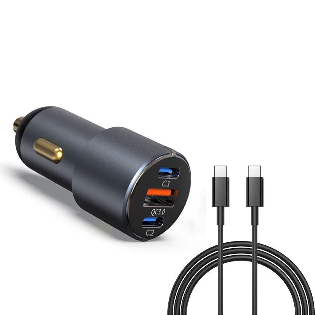 URVNS - C39 66W Mini Car Charger paired with USB-C cable, offering 66W fast charging for multiple devices in a compact form.