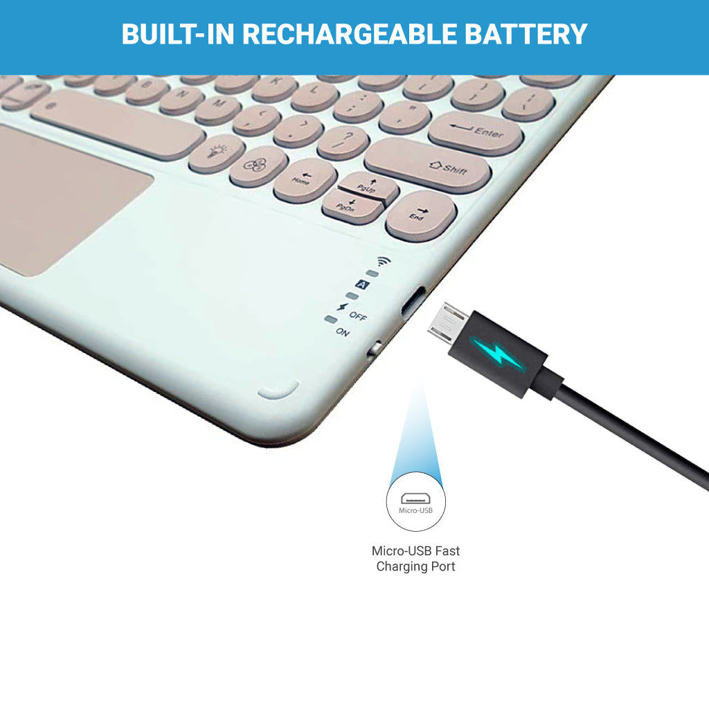 Close-up of TECPHILE 250D Wireless Keyboard’s built-in rechargeable battery with micro-USB charging port.