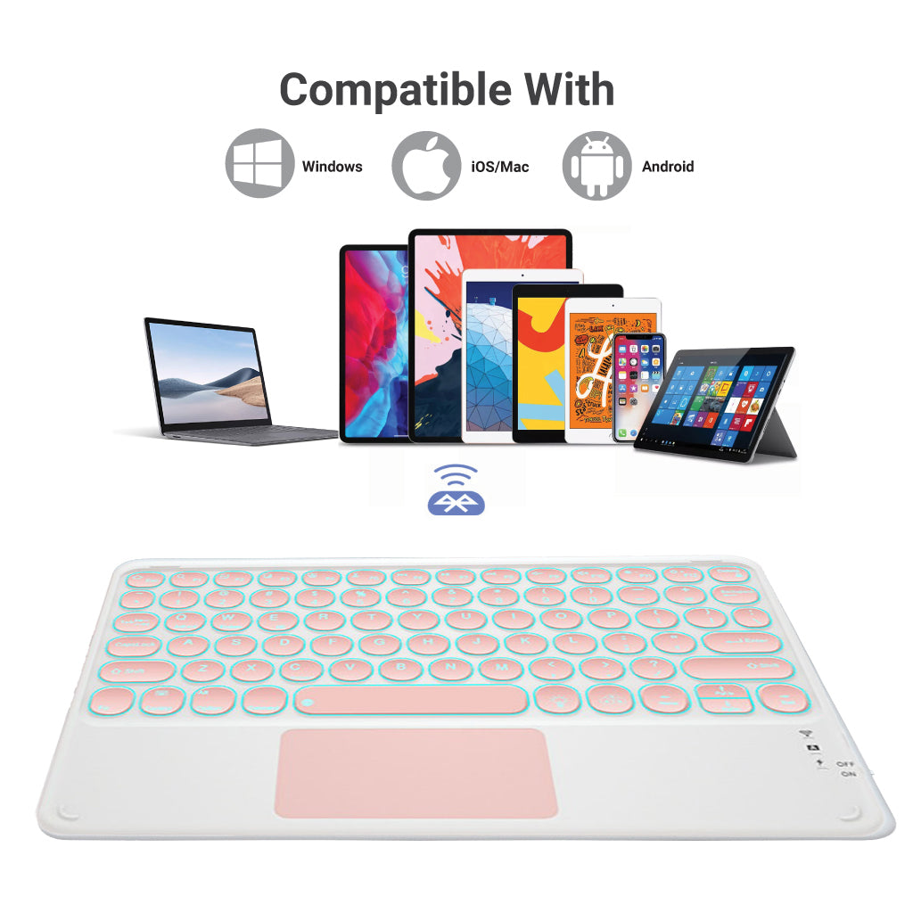 Pink TECPHILE 250D Wireless Keyboard compatible with Windows, Mac, and Android, shown with various devices.