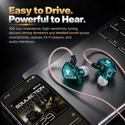 Black and teal transparent in-ear monitors with braided pink and white cables, placed on a laptop keyboard, showcasing high-fidelity audio design.