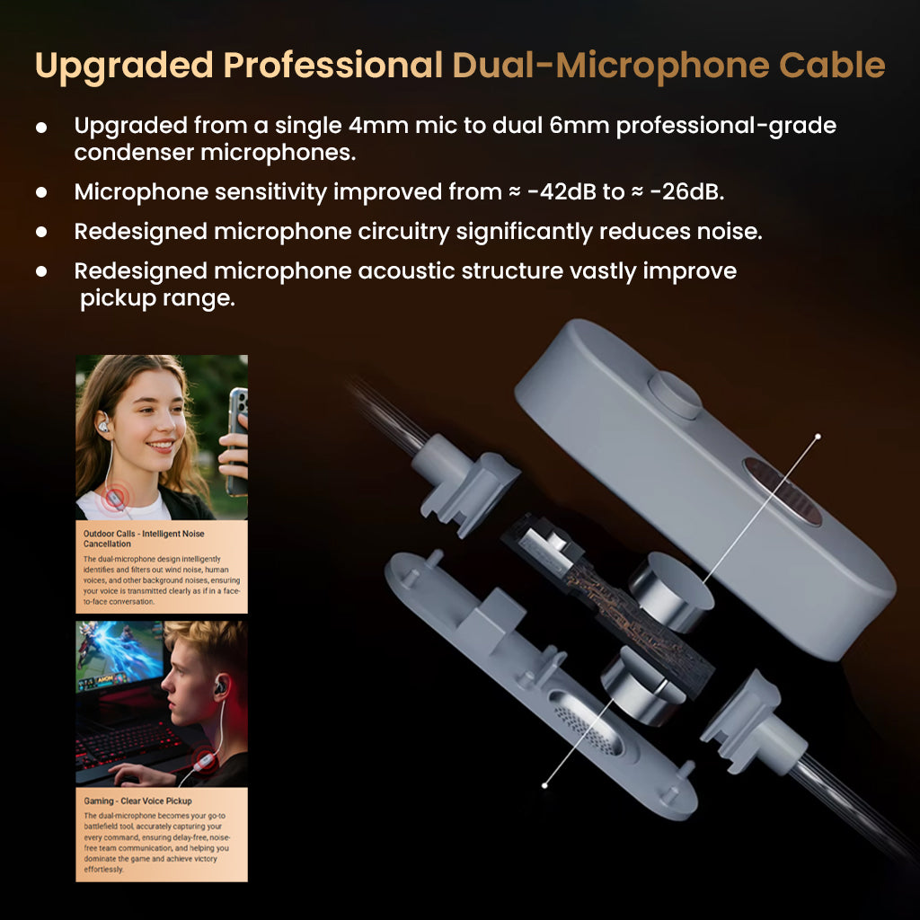 Upgraded dual-microphone cable for KZ Duonic IEM with enhanced noise reduction and improved voice pickup for calls and gaming.
