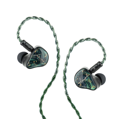XENNS - Mangird Tea Pro SE IEMs with green braided cable and black eartips, designed for high-fidelity in-ear listening.