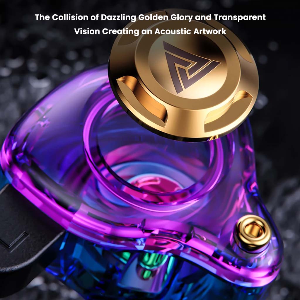 Macro shot of QKZ-AK6 IEM's golden driver unit within a transparent purple shell, showcasing premium acoustic design aesthetics.
