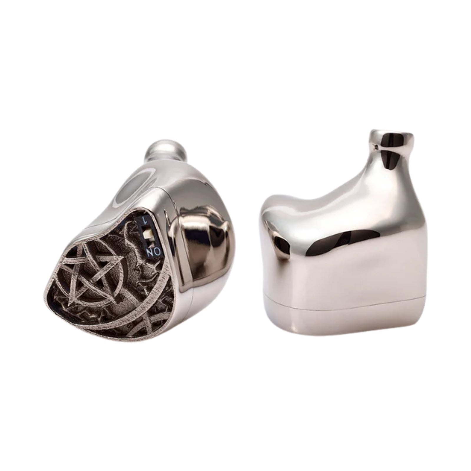 Silver hybrid IEM with intricate pentagram grille design