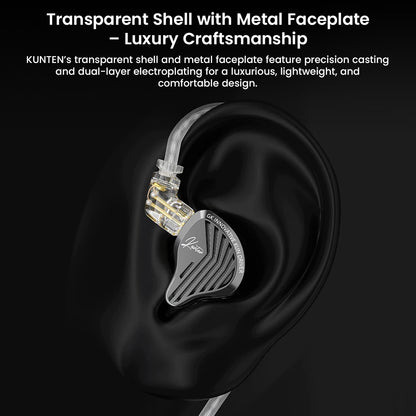 GK-KUNTEN IEM on mannequin head showing transparent shell and metal faceplate for luxurious, lightweight comfort.