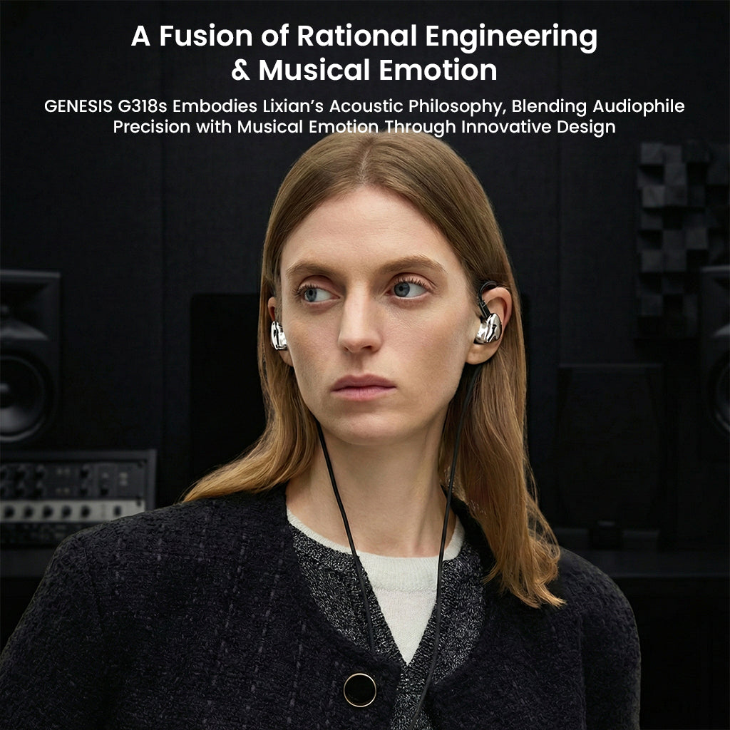 Woman wearing GENESIS G318s IEMs in studio setting, representing fusion of acoustic engineering and musical emotion in design.