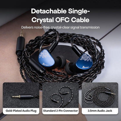 Blue in-ear monitors with detachable cable and accessories