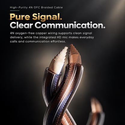 Close-up of the high-purity 4N OFC braided cable supporting clear signal transmission and effortless communication for professional in-ear headphones.