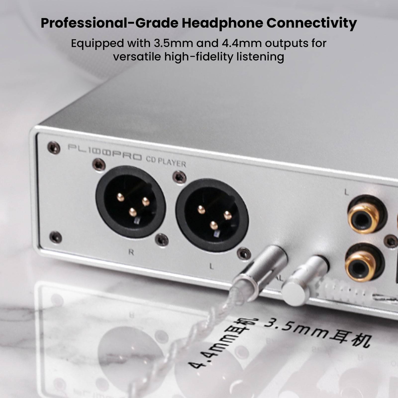 Silver audio amplifier with XLR and RCA outputs