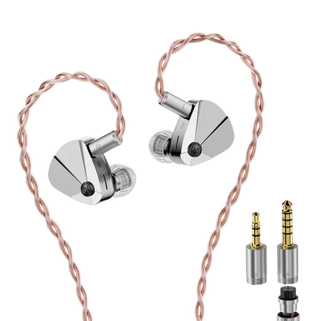 TWISTURA Beta IEM with braided OFC cable and interchangeable 3.5mm/4.4mm plugs for high-fidelity audio and flexible connectivity.