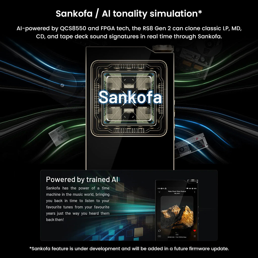 HiBy RS8II Sankofa AI tonality simulation feature for replicating classic LP, MD, and CD sound signatures in real time.