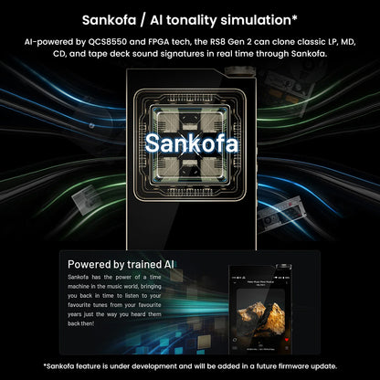 HiBy RS8II Sankofa AI tonality simulation feature for replicating classic LP, MD, and CD sound signatures in real time.