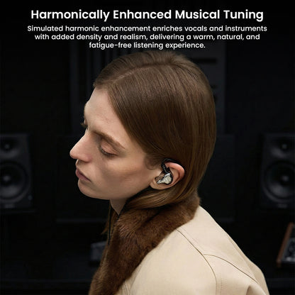 Close-up of woman enjoying GENESIS G318 IEM, emphasizing harmonically enhanced tuning for warm, natural, and fatigue-free sound experience.