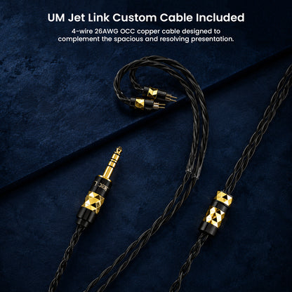 Black and gold hybrid in-ear monitors with custom cable