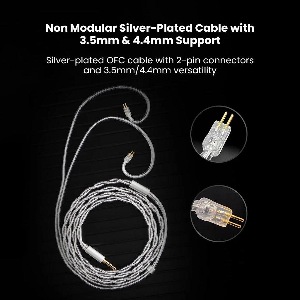 Silver-plated OFC cable with 2-pin connectors and 3.5mm/4.4mm support included with BINARY – EP321 MEMS In Ear Monitor.