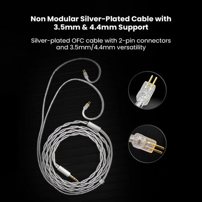 Silver-plated OFC cable with 2-pin connectors and 3.5mm/4.4mm support included with BINARY – EP321 MEMS In Ear Monitor.