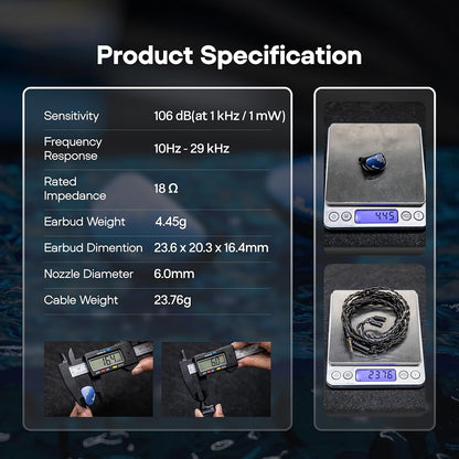 Blue in-ear monitors with packaging and accessories