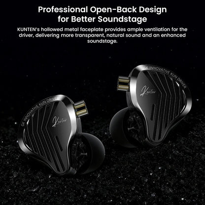 Dual GK-KUNTEN IEMs with open-back metal faceplate design for enhanced soundstage and natural sound reproduction.