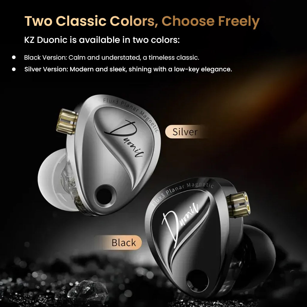 KZ Duonic IEM available in black and silver color options, offering a choice between classic and modern aesthetics.