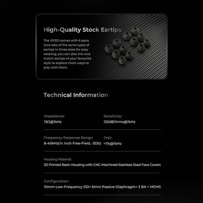 Technical specs and eartip options for BINARY – EP321 MEMS In Ear Monitor including impedance, sensitivity, and frequency range.