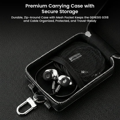 GENESIS G318 IEM stored in premium zip-around carrying case with mesh pocket for organized, protected, and travel-ready audio gear storage.