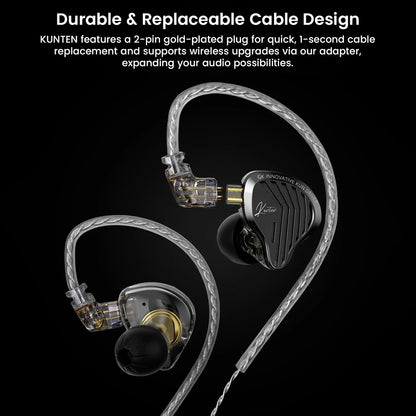 GK-KUNTEN IEMs with 2-pin gold-plated connectors and detachable cable for quick replacement and wireless compatibility.