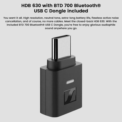 Sennheiser HDB 630 includes BTD 700 Bluetooth USB-C dongle for high-resolution wireless audio and plug-and-play convenience.