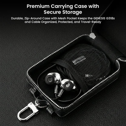 Premium carrying case with mesh pocket for GENESIS G318s IEMs and cable, offering secure storage and travel-ready protection.