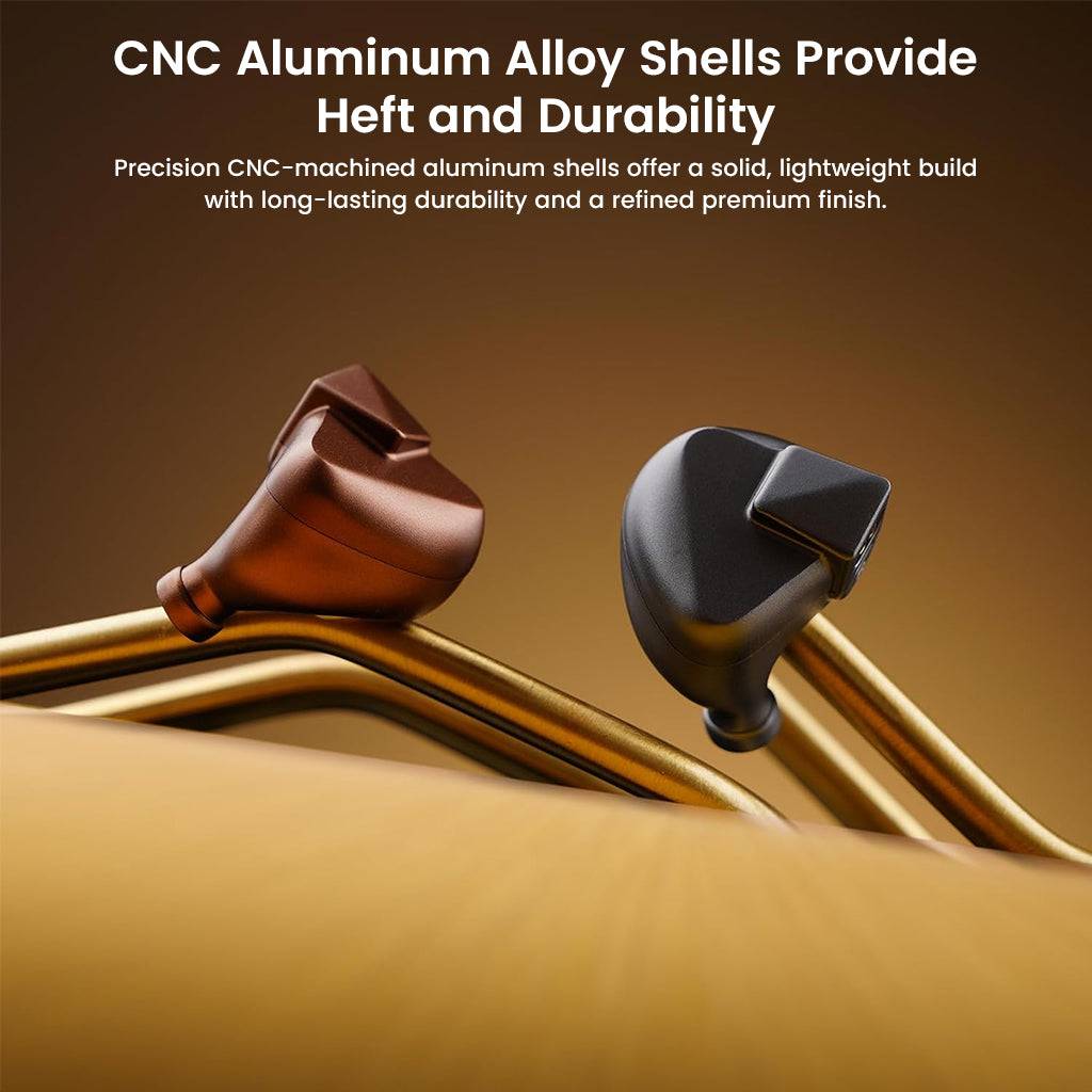 LETSHUOER S12 Ultra IEMs in brown and black, made from CNC aluminum alloy for durability and lightweight comfort.