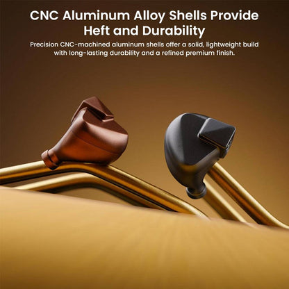 LETSHUOER S12 Ultra IEMs in brown and black, made from CNC aluminum alloy for durability and lightweight comfort.