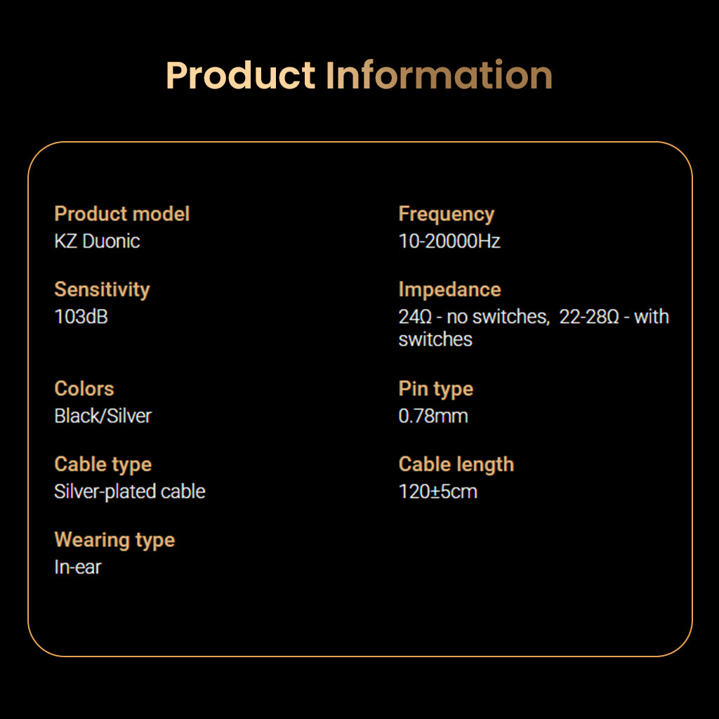 KZ Duonic IEM product specifications including frequency range, impedance, sensitivity, and cable details for audio enthusiasts.
