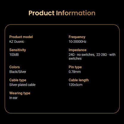 KZ Duonic IEM product specifications including frequency range, impedance, sensitivity, and cable details for audio enthusiasts.