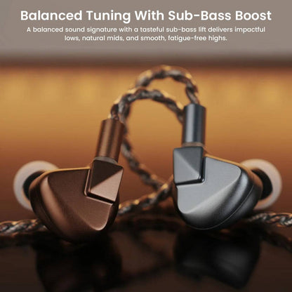 LETSHUOER S12 Ultra IEMs in brown and gray with braided cables, tuned for balanced sound and enhanced sub-bass performance.