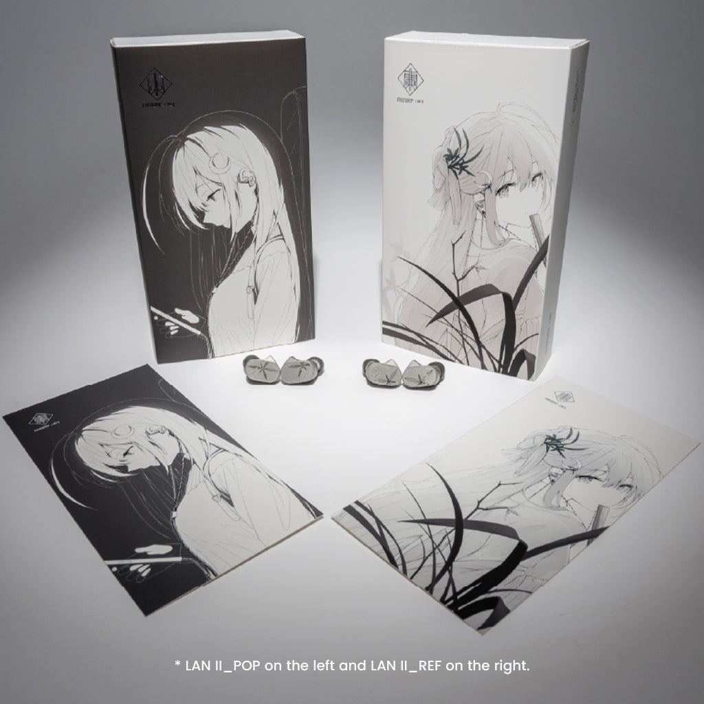 MOONDROP LAN II REF/POP single dynamic driver IEMs displayed with illustrated packaging and accessories, showcasing balanced sound design.