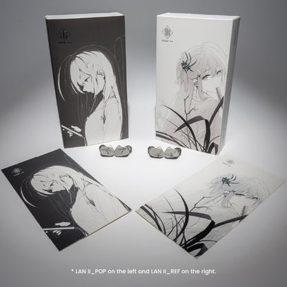 MOONDROP LAN II REF/POP single dynamic driver IEMs displayed with illustrated packaging and accessories, showcasing balanced sound design.