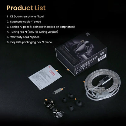 KZ Duonic IEM full product list with earphones, cable, eartips, tuning rod, warranty card, and packaging box.