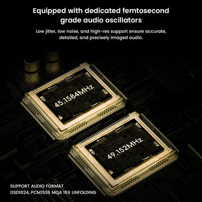 HiBy RS8II with femtosecond-grade audio oscillators for ultra-low jitter and high-resolution audio playback.