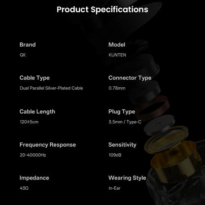 Product specifications of GK-KUNTEN IEM including 10mm driver, 109dB sensitivity, 20-40000Hz frequency response, and 0.78mm connector type.