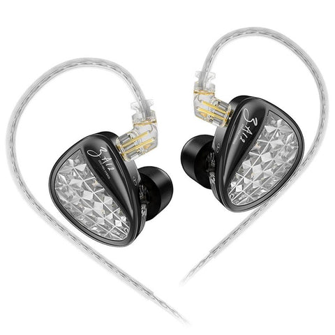 KZ ZA12 4BA+2DD Drivers Hybrid In Ear Monitor with tuning switch, featuring a stylish diamond-patterned faceplate and detachable transparent cable.