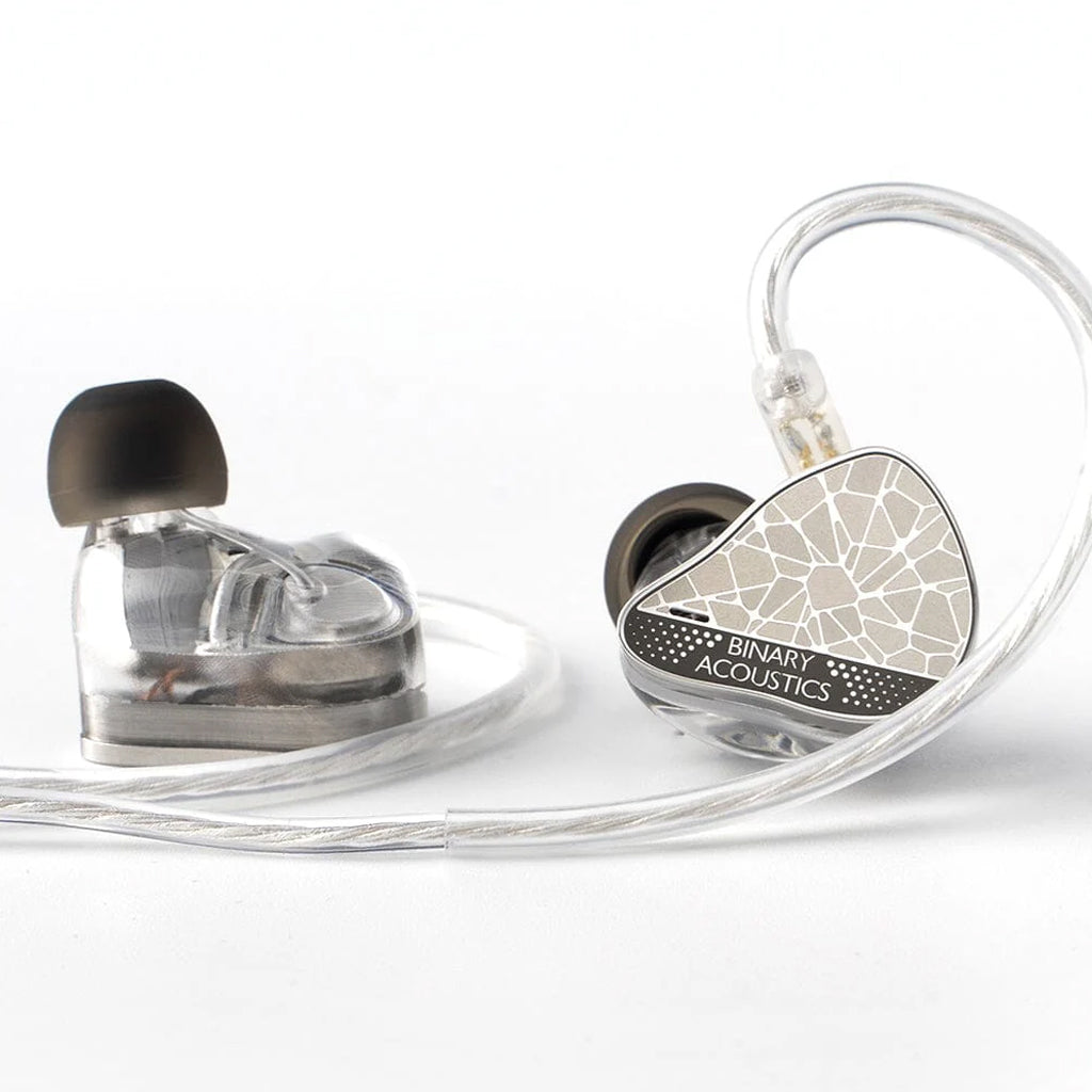 Side view of BINARY – EP321 MEMS In Ear Monitor with transparent housing and ergonomic design for high-end audio performance.