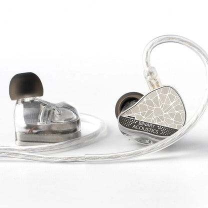 Side view of BINARY – EP321 MEMS In Ear Monitor with transparent housing and ergonomic design for high-end audio performance.