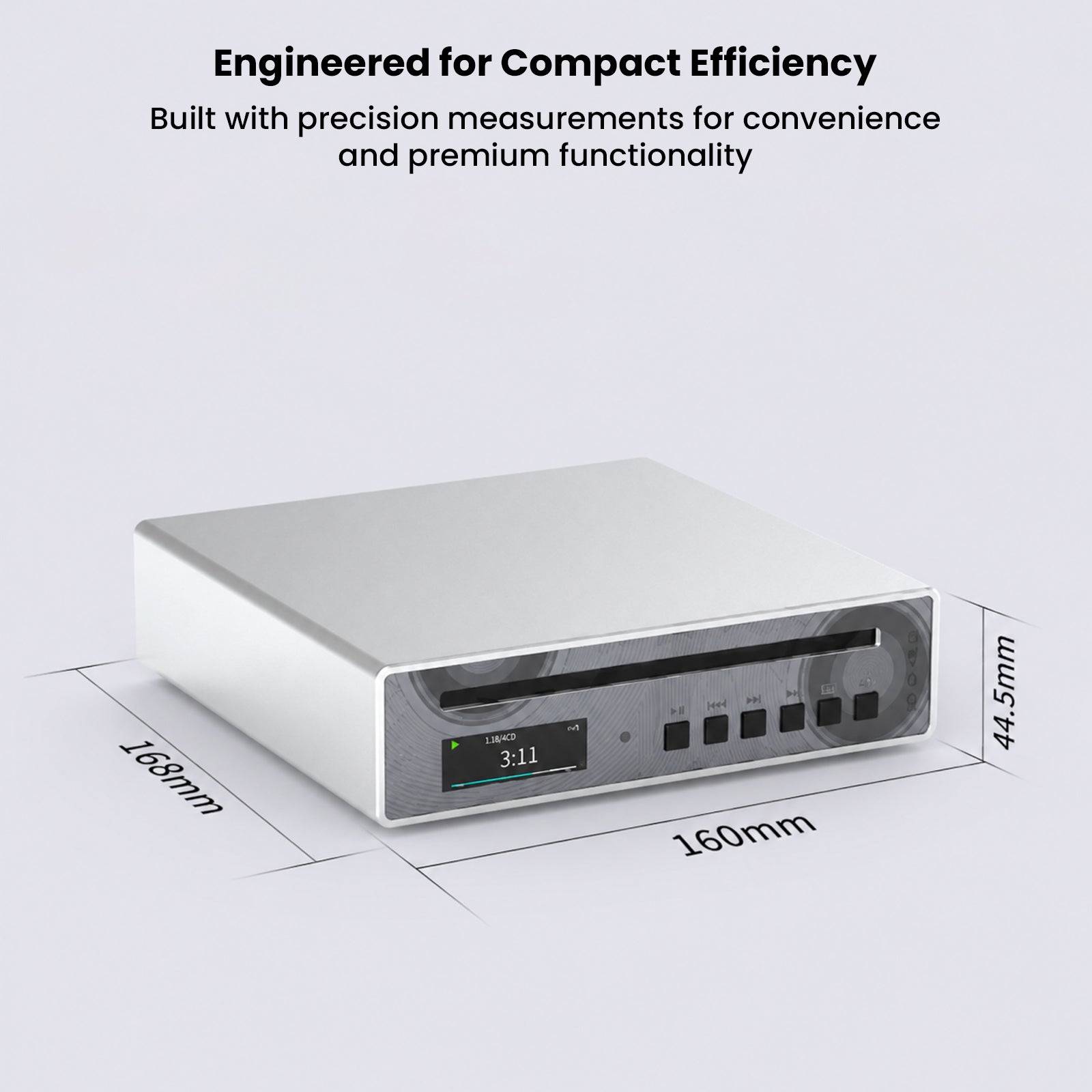 Compact silver portable CD player with digital display and control buttons