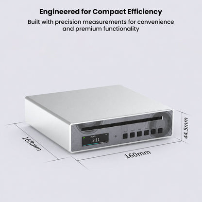 Compact silver portable CD player with digital display and control buttons