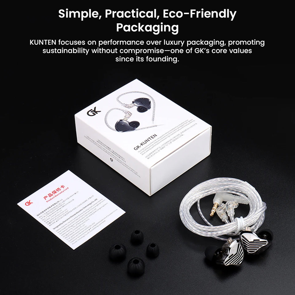 GK- KUNTEN 10mm Super-Linear DD Driver IEM with eco-friendly packaging, extra ear tips, and braided cable for immersive audio experience.